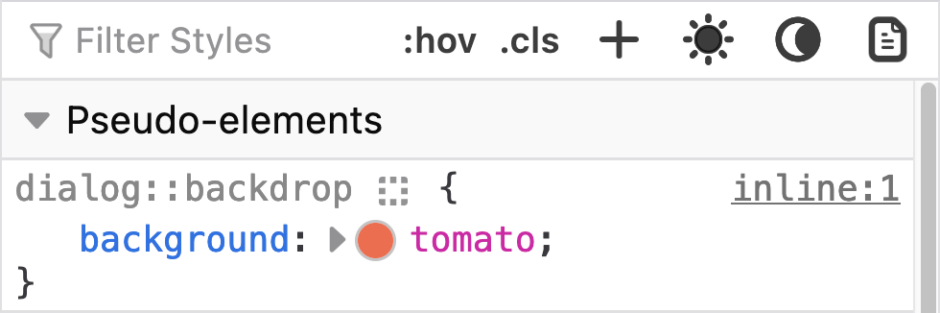 In the rule view, a `dialog::backdrop` rule is displayed under a "Pseudo-elements" section