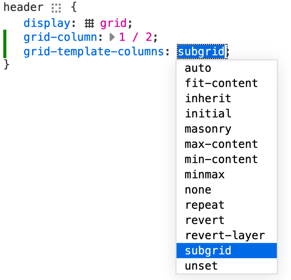 screenshot of the inspector rule view where a `grid-template-columns` is being added, and the value input has an autocomplete list that includes a `subgrid` item (amongst other)