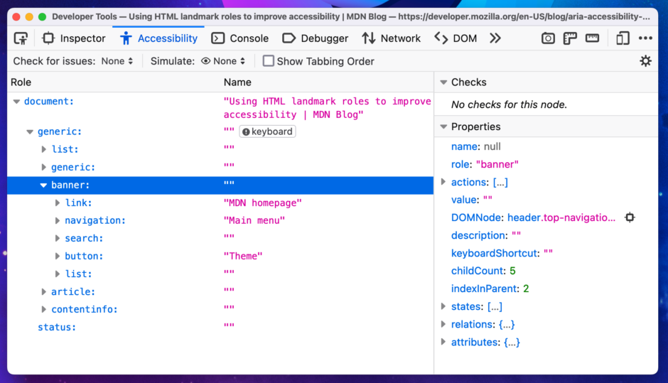 Accessibility panel displaying the role tree. Instead of the "landmark" roles that were displayed before, we now have proper ARIA roles ("banner", "navigation", "search", …)