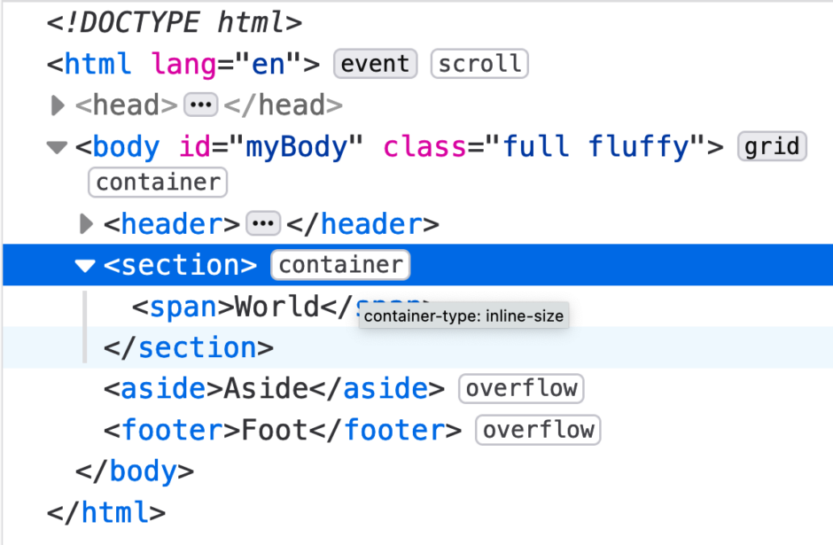 Firefox DevTools markup view. A `<section>` element is selected. Next to the tag, there's a "container" badge, which is hovered. A tooltip is displayed with the text: "container-type: inline-size"