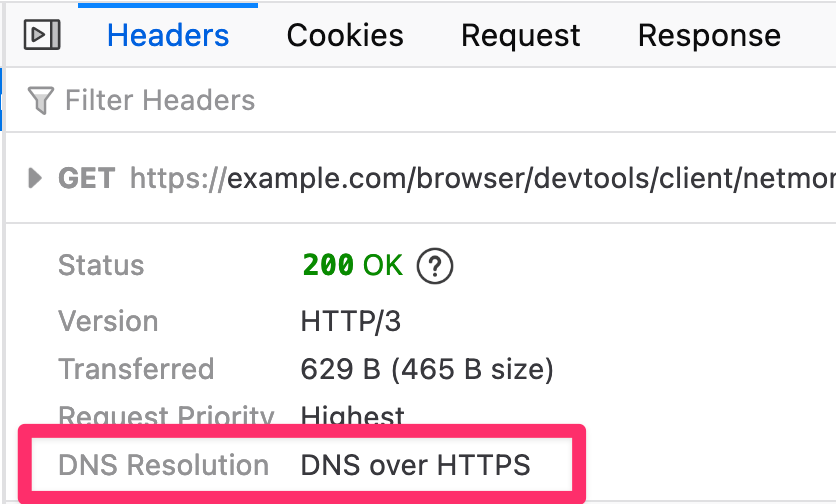Netmonitor headers panel, displayed on a request resolved with DNS over HTTPS.
There's a "DNS Resolution" label with the "DNS over HTTPS" value next to it