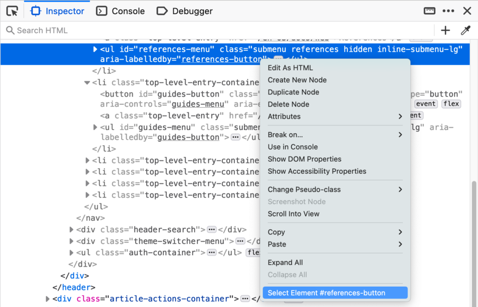 In Firefox DevTools markup view, an element has a "aria-labelledby=references-button" attribute.
A context menu is displayed where we can see an entry with the text: "Select Element #references-button"