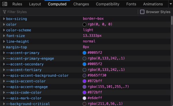 Firefox DevTools inspector computed panel displayed for MDN.
After the regular properties (`line-height`, `margin-top`, …), we can see CSS custom properties and their values (for example `--accent-primary: #0085f2`)