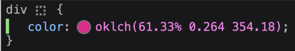 Firefox DevTools Rules view displaying a rule with a color property whose value is `oklch(61.33% 0.264 354.18)`. A fuchsia preview icon is displayed before the value.