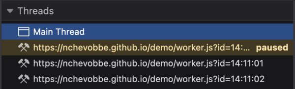 Firefox Debugger close-up of the threads panel. Four threads are displayed, the Main Thread, and then 3 workers.
The Main Thread is selected, the second thread has a yellow text and brown background and has a "paused" suffix.
The other 2 worker threads are not paused, and are styled as regular threads.
