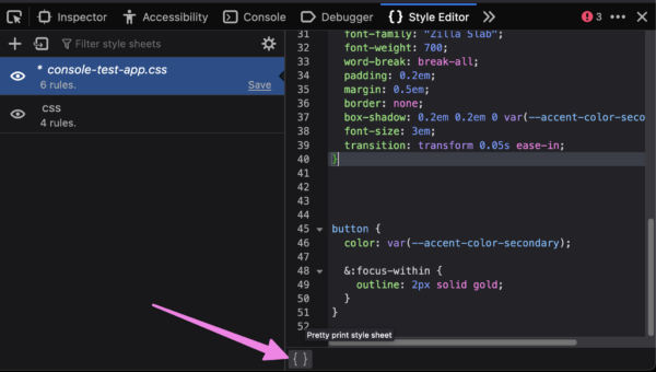 Firefox Style Editor.
A CSS file is selected, and its content is displayed on the right-hand side.
At the bottom of the screen, a pink arrow points to the pretty-print button, located in the bottom left corner of the CSS file editor.