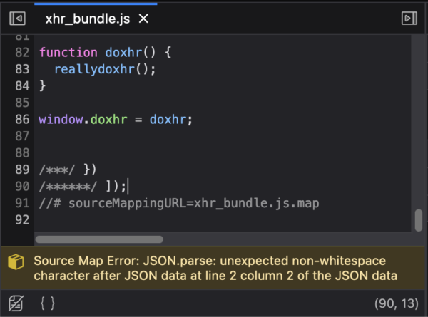 Firefox DevTools debugger with a file name xhr_bundle.js being open. At the end of the file, we can see that it references a sourcemap file.  Below the editor, a warning notice is displayed, containing the following text: "Source Map Error: JSON.parse: unexpected non-whitespace character after JSON data at line 2 column 2 of the JSON data"