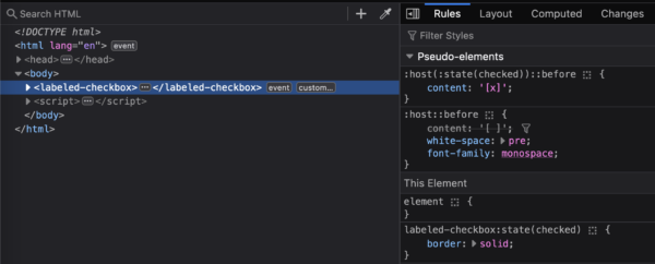 Firefox DevTools Inspector panel. The markup view has a `<label-checkbox>` custom element selected. In the rules view, we can see a few rules using `:state(checked)`, which are using to style the element