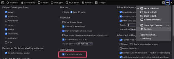 Firefox DevTools settings panel. Along side many items, there a new "Enable Split Console" checkbox in the Web Console section