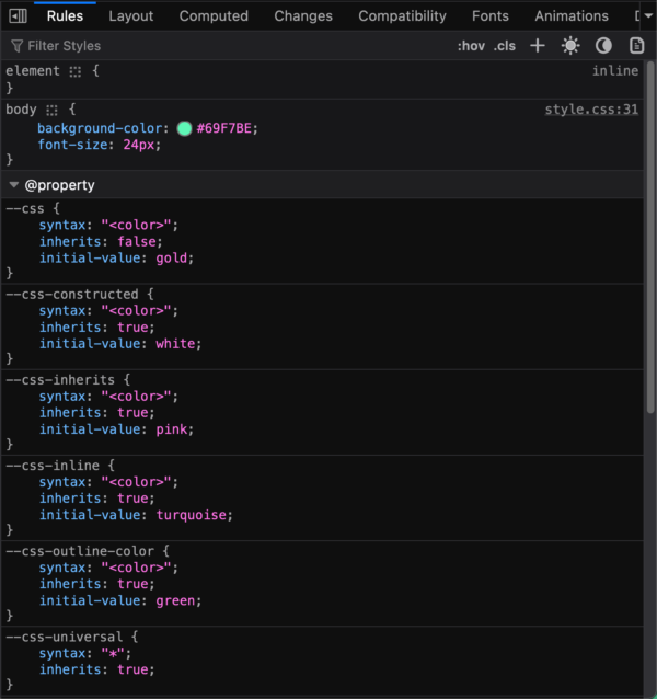 Firefox DevTools Rules view. There's a collapsible "@property" section. In the section, there are multiple custom properties declaration (showing the variable name, its syntax, inherits and initial-value properties)