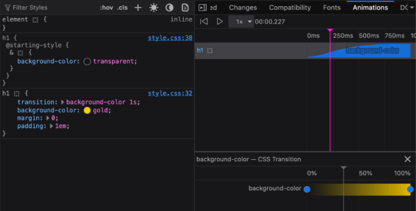 Firefox DevTools Inspector showing a @starting-style rule on an h1 element. The rule has a `background-color: transparent` declaration.
A regular rule for h1 is displayed below it. It also has a `background-color` declaration, but the value is `gold`. There's also a `transition` declaration, animating the background-color.
On the right of the image, the animation panel is displayed, and we can see a visualization of the transition applied to the h1 element