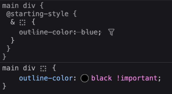 Firefox DevTools Inspector showing a @starting-style rule on an element. The rule has a `outline-color: blue` declaration, which is greyed out and striked-through, indicating that it's unused.
A regular rule is also displayed below it, with a `outline-color: black !important` declaration.