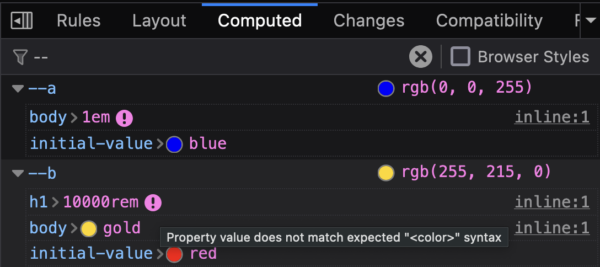 Firefox DevTools Computed panel showing 2 CSS variables, --a and --b