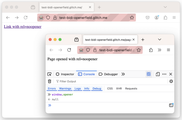 Two Firefox windows. The one in the background contains a link with the label "Link with rel=noopener". The one in the foreground contains the text "Page opened with rel=noopener". The DevTools console is opened on the second window, and shows that "window.opener" evaluates to null