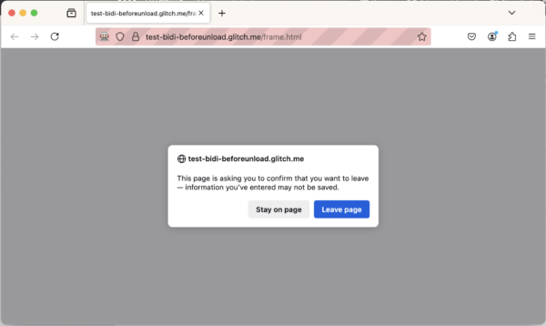 A firefox window with a single tab showing a "beforeunload" popup.