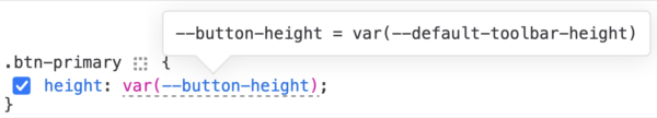 DevTools rules view with the following declaration: `height: var(--default-toolbar-height)`. A tooltip point to the variable and indicates that its value is `var(--default-toolbar-height)`