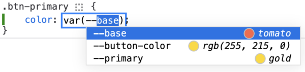 A value is being added for the color property. The input has the `var(--` text in it, and an autocomplete popup is displayed with 3 items: - `--base tomato` - `--button-color rgb(255, 215, 0) - `--primary gold` 