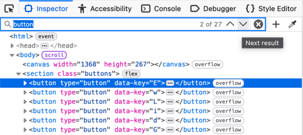 Firefox inspector markup view. A search input is filled in with "button", a label next to it indicates that the current search result is the second out of 27. Next to this label, there are two icons, to navigate to respectively the previous and the next result (the tooltip for the second button indicates "Next result")