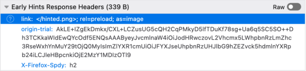 A new section in Netmonitor Headers sidebar, whose title is "Early Hints Response Headers", with the size of said Headers  (339 B) There are 3 headers displayed : link, original-trial and X-Firefox-Spdy